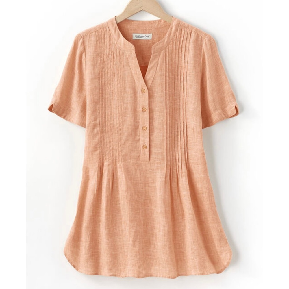 S/S Linen Tuck & Release Blouse, light orange, large linen short sleeves